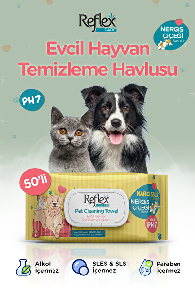 Reflex Care Nergis Kokulu Kedi ve Köpekler için Temizleme Mendili 50'li
