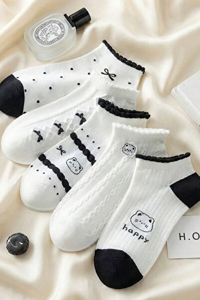 BGK 5 Çift Beyaz Happy Desenli Kısa Çorap