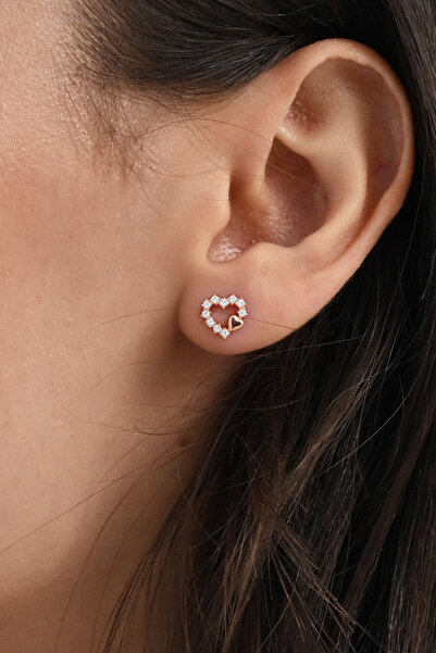 Söğütlü Silver Gümüş rose zirkon taşlı kalplerin uyumu kadın küpe SGTL12663ROSE
