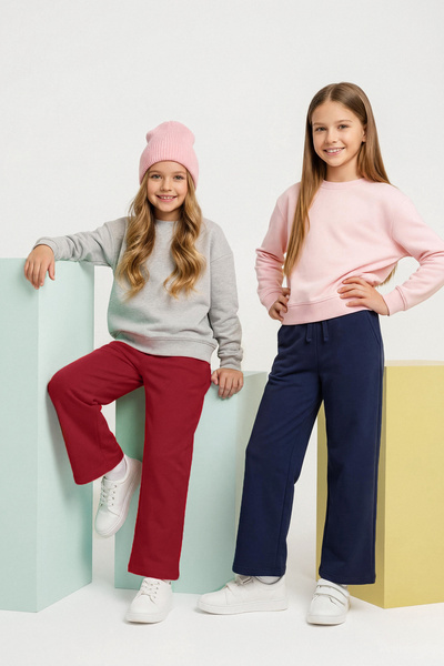 TRENDYOLKIDS Navy Blue-Red Cotton 2-Piece Plain/Basic Elastic Waist Knitted Girl's Pants Tkdaw26Ta00002
