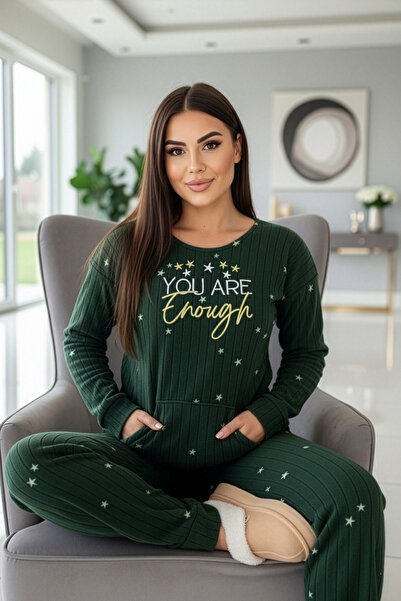 Pijamaevi Green Enough Patterned Kangaroo Pocket Plush Fleece Pajama Set