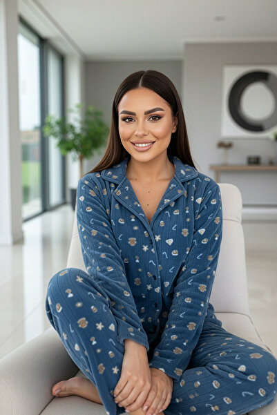 Pijamaevi Σετ πιτζάμες με μπλε μοτίβο με κουμπιά μπροστά από βελούδινο φλις
