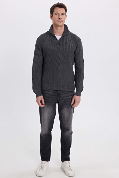 Tudors Ανδρικό πλεκτό πουλόβερ με λεπτή εφαρμογή με φερμουάρ σε γκρι γιακά