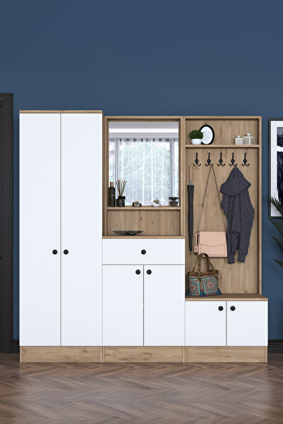 Rani Mobilya Rani P6 Modern Çekmeceli Aynalı Askılı Portmanto Ayakkabılık Vestiyer Sepet Ceviz - Beyaz M3