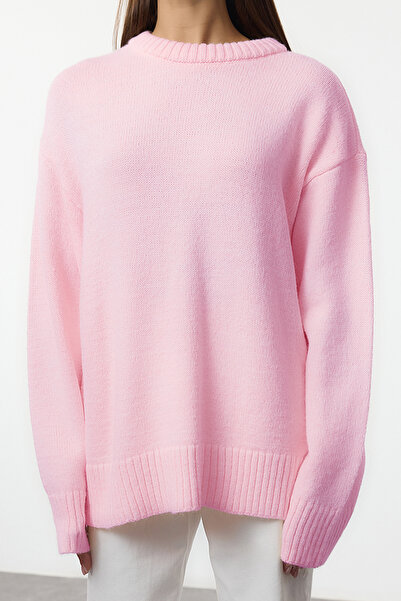 Trendyol Collection Rosa Strickpullover mit weitem Muster und Rundhalsausschnitt TWOAW25KZ00168