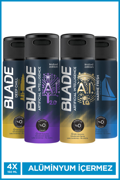 Blade Erkek Deodorant (Artificial Intelligence, Deep Chiil, Marine Fresh) 4x150 Ml Leke Bırakmaz