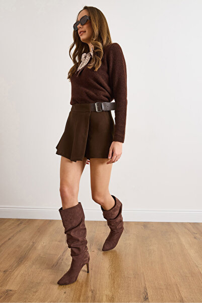 Olalook Γυναικεία καφέ σορτς με πλισέ ζώνη με λεπτομέρεια μίνι φούστα ETK-19000370