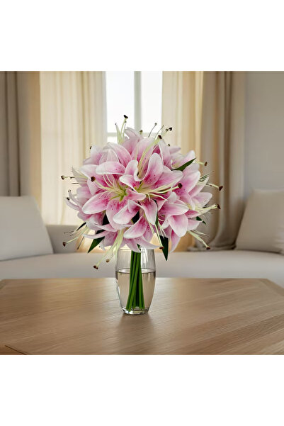 Yapay Çiçek Deposu 12li Cipsolu Lüx Yapay Lilyum Buketi 35 cm Pembe