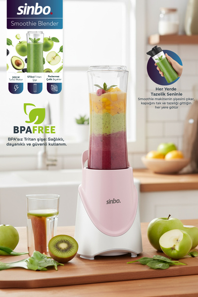 Sinbo SHB-7508 300W Smoothie Blender |Paslanmaz Çelik Bıçaklı, 570 ml Tritan Sporcu Matarası-Pembe