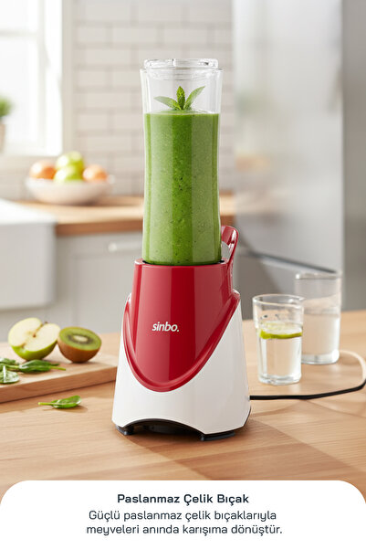 Sinbo SHB-7508 300W Smoothie Blender |Paslanmaz Çelik Bıçaklı, 570 ml Tritan Sporcu Matarası-Kırmızı