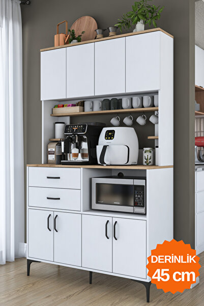 Rani Mobilya Rani JE208 Çok Amaçlı Dolap 8 Kapaklı 2 Çekmeceli Kiler Mutfak Dolabı Beyaz - Sepet Ceviz