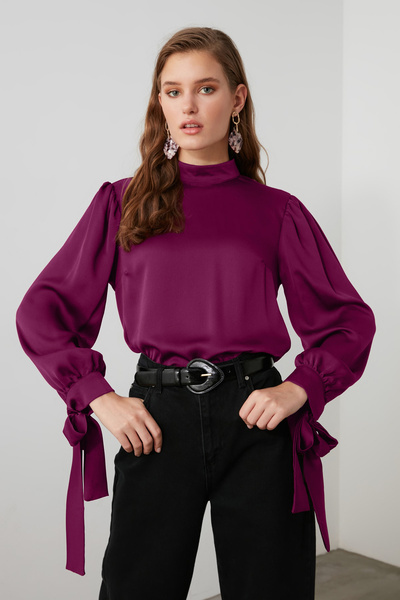 Trendyol Collection Bluză din satin - culoare prune, cravată detaliată TOFAW19FG0082