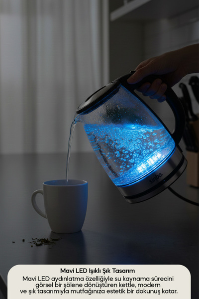 Sinbo Sk-8033 Glass Blue Led Illuminated Wireless Water Heater Kettle