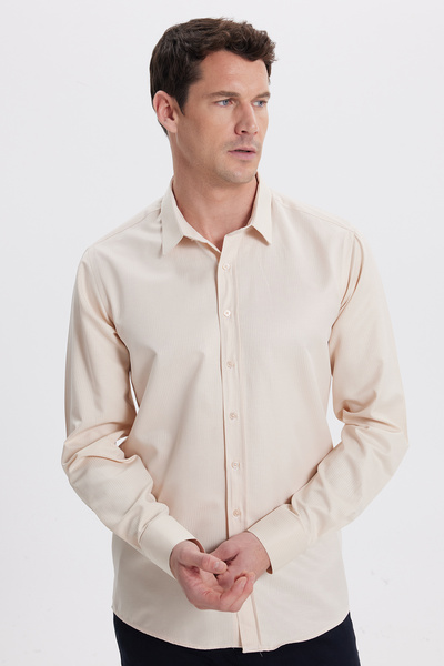 Tudors Cămașă modernă pentru bărbați, din bumbac, cu mâneci lungi, ușor de călcat, bej, slim fit