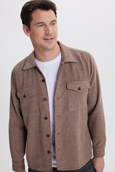 Tudors Men's Regular Fit Relaxed Fit Double Pocket Flap Snap Button Light Brown Shirt