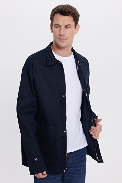 Tudors Men's Relax Fit Comfortable Cut 100% Cotton Double Pocket Zippered Navy Blue Coat Shirt