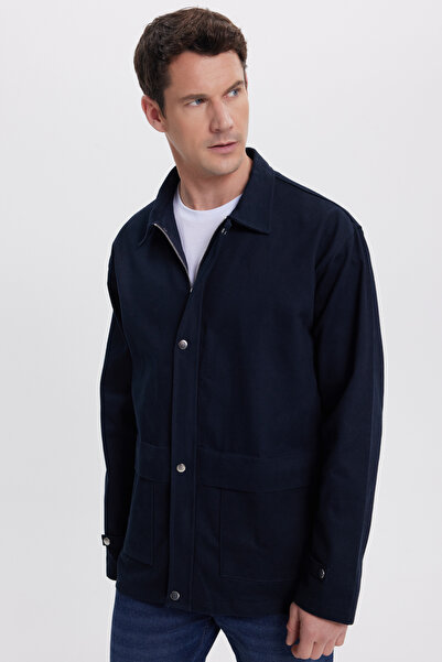 Tudors Men's Relax Fit Comfortable Cut 100% Cotton Double Pocket Zippered Navy Blue Coat Shirt