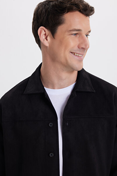 Tudors Men's Relax Fit Comfortable Cut Plain Suede Side Pocket Black Jacket Shirt