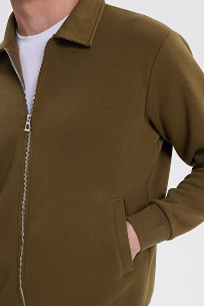 Tudors Unisex Relax Fit Comfortable Cut Cotton Inner Fleece Zippered Green Polo Neck Sweatshirt Cardigan with Pockets