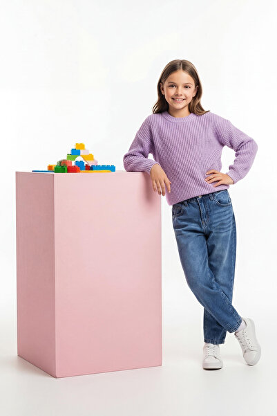 TRENDYOLKIDS Blugi albastru 100% bumbac, ajustabili, elastici, pentru fete, Mom Denim TKDAW26JE00010