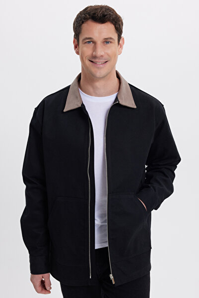 Tudors Men's Relax Fit Comfortable Cut Gabardine Straight Zippered Kangaroo Pocket Contrast Collar Black Shirt Jacket