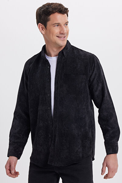 Tudors Men's Regular Fit Relaxed Cut Corded Fabric Velvet Look Buttoned Collar Black Jacket Shirt