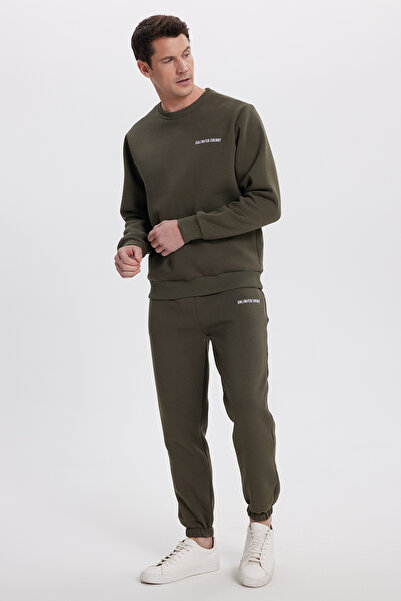 Tudors Ανδρικό σετ αθλητικής φόρμας Relax Fit από βαμβακερό 3 νήματα με μαλακή υφή με φλις εσωτερικά και λαιμόκοψη χακί