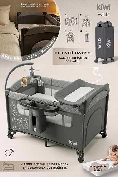 Kiwi WildNest 3in1 Anne Yanı Park Yatak Katlanır Beşik, Tekerlekli, Yan Açılır, Müzik+Oyuncak+Cibinlik