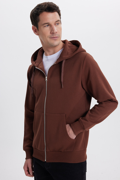 Tudors Unisex Relax Fit Relaxed Cut Βαμβακερό Fleece Εσωτερικό Διπλή Τσέπη Πλήρες φερμουάρ Καφέ Φούτερ με κουκούλα