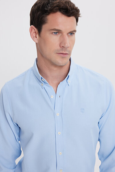 Tudors Men's Slim Fit Slim Fit Straight Oxford Embroidered Collar Buttoned Blue Sports Shirt