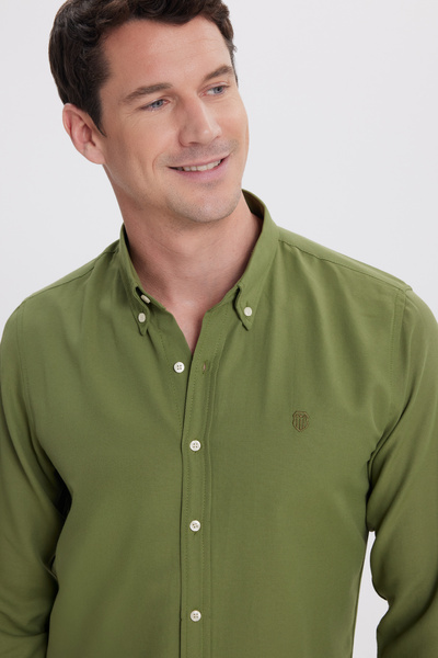 Tudors Men's Slim Fit Slim Fit Plain Oxford Embroidered Collar Buttoned Green Sports Shirt