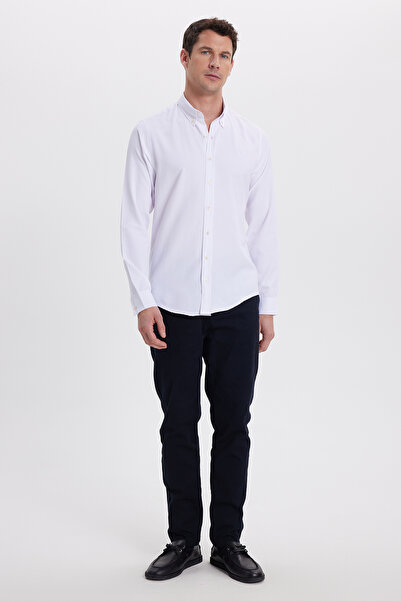 Tudors Men's Slim Fit Slim Fit Plain Oxford Embroidered Collar Buttoned White Sport Shirt