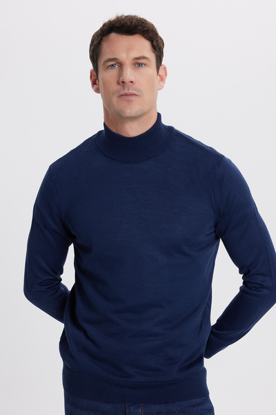 Tudors Men's Slim Fit Slim Fit Half Turtleneck Solid Navy Blue Knitwear Sweater