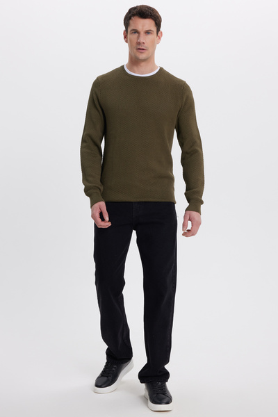 Tudors Men's Standard Fit Regular Cut Crew Neck Honeycomb Patterned Dark Khaki Sweater