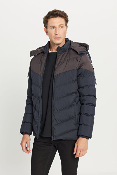 AC&Co / Altınyıldız Classics Men's Navy Blue-Brown Standard Fit Regular Cut Stand Collar Hooded Side Pocket Coat