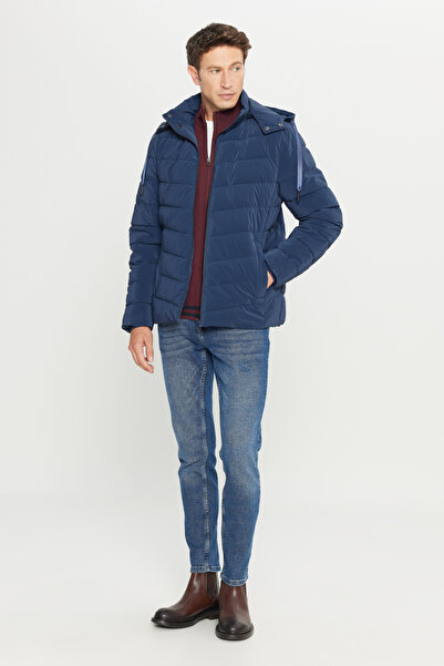 AC&Co / Altınyıldız Classics Men's Navy Blue Padded Standard Fit Regular Cut Stand Collar Hooded Side Pocket Jacket Coat