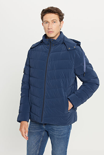 AC&Co / Altınyıldız Classics Men's Navy Blue Padded Standard Fit Regular Cut Stand Collar Hooded Side Pocket Jacket Coat