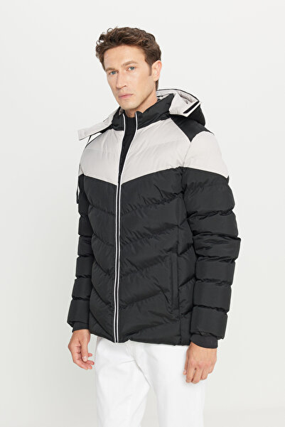 AC&Co / Altınyıldız Classics Men's Black-Beige Standard Fit Regular Cut Stand Collar Hooded Side Pocket Coat