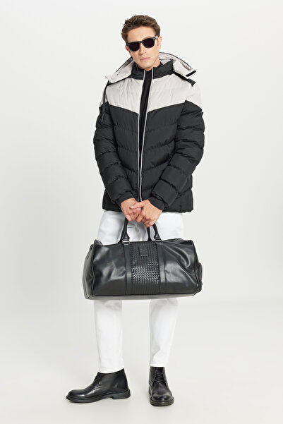 AC&Co / Altınyıldız Classics Men's Black-Beige Standard Fit Regular Cut Stand Collar Hooded Side Pocket Coat