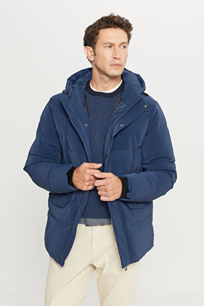 AC&Co / Altınyıldız Classics Men's Indigo Filled Standard Fit Regular Cut Stand Collar Hooded Jacket with Pocket