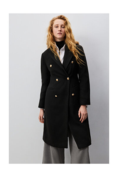 LEFTIES Woman Long Wool Coat, Neat, with Gold Buttons
