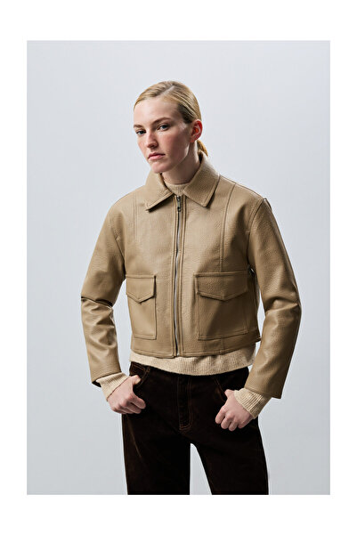 LEFTIES Woman Short Pu Jacket with Zipper and Large Pocket