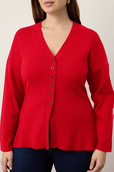 Trendyol Curve Rote Strickjacke mit V-Ausschnitt und Mercerized-Optik aus Premium-Garn/Spezialgarn TBBAW26AV00036