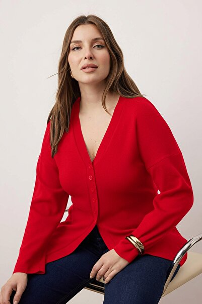 Trendyol Curve Rote Strickjacke mit V-Ausschnitt und Mercerized-Optik aus Premium-Garn/Spezialgarn TBBAW26AV00036