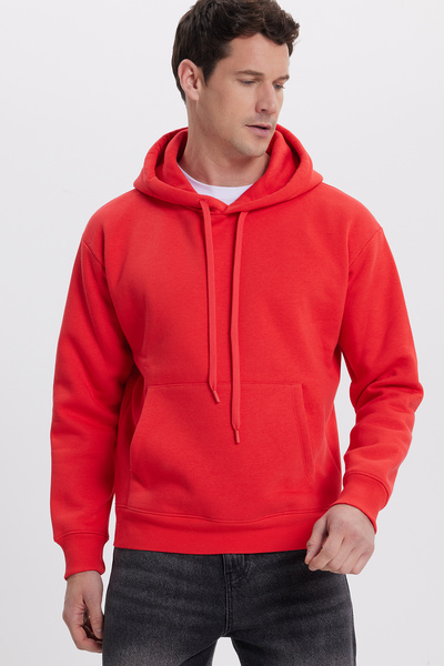 Tudors Unisex Oversize Geniş Kesim Pamuklu Yumuşak Dokulu Içi Polarlı Basic Nar Renk Kapüşonlu Sweatshirt