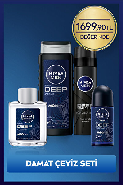 NIVEA Men Erkek Damat Çeyiz Bohça Seti, Duş Jeli 500ml, Roll-on 50ml, Losyon 100ml, Tıraş Köpüğü 200ml