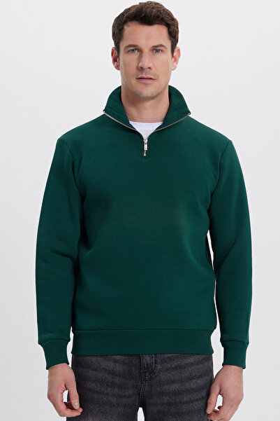 Tudors Φούτερ Unisex Relax Fit Relaxed Cotton Fleece με μισό φερμουάρ Χακί γιακά