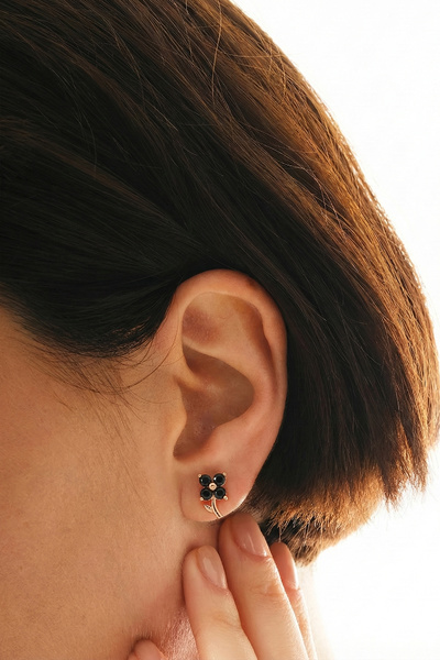 Söğütlü Silver Gümüş rose onix taşlı şans çiçeği yonca küpe SGTL12623SIYAH