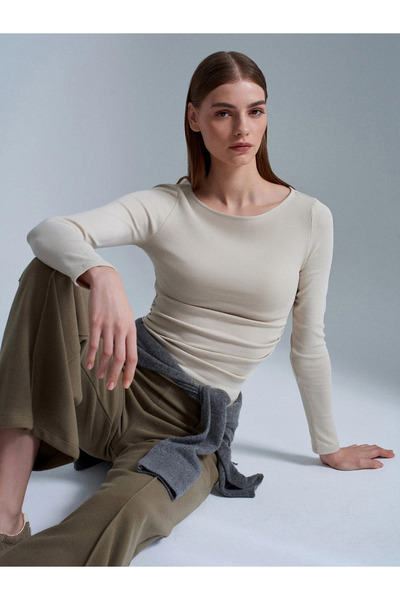 Dilvin 31401 Gathered Boat Neck Top-Beige