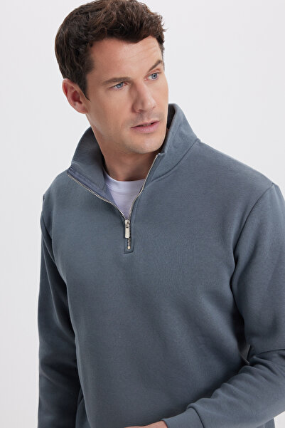 Tudors Unisex Relax Fit Rahat Kesim Pamuklu İçi Polarlı Yarım Fermuarlı Gri D...